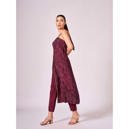 KOSWI Burgundy Cherry Abstract Print Kurta with Pant (Set of 2)