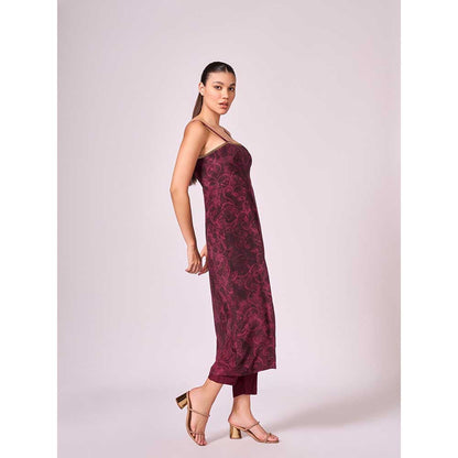 KOSWI Burgundy Cherry Abstract Print Kurta with Pant (Set of 2)