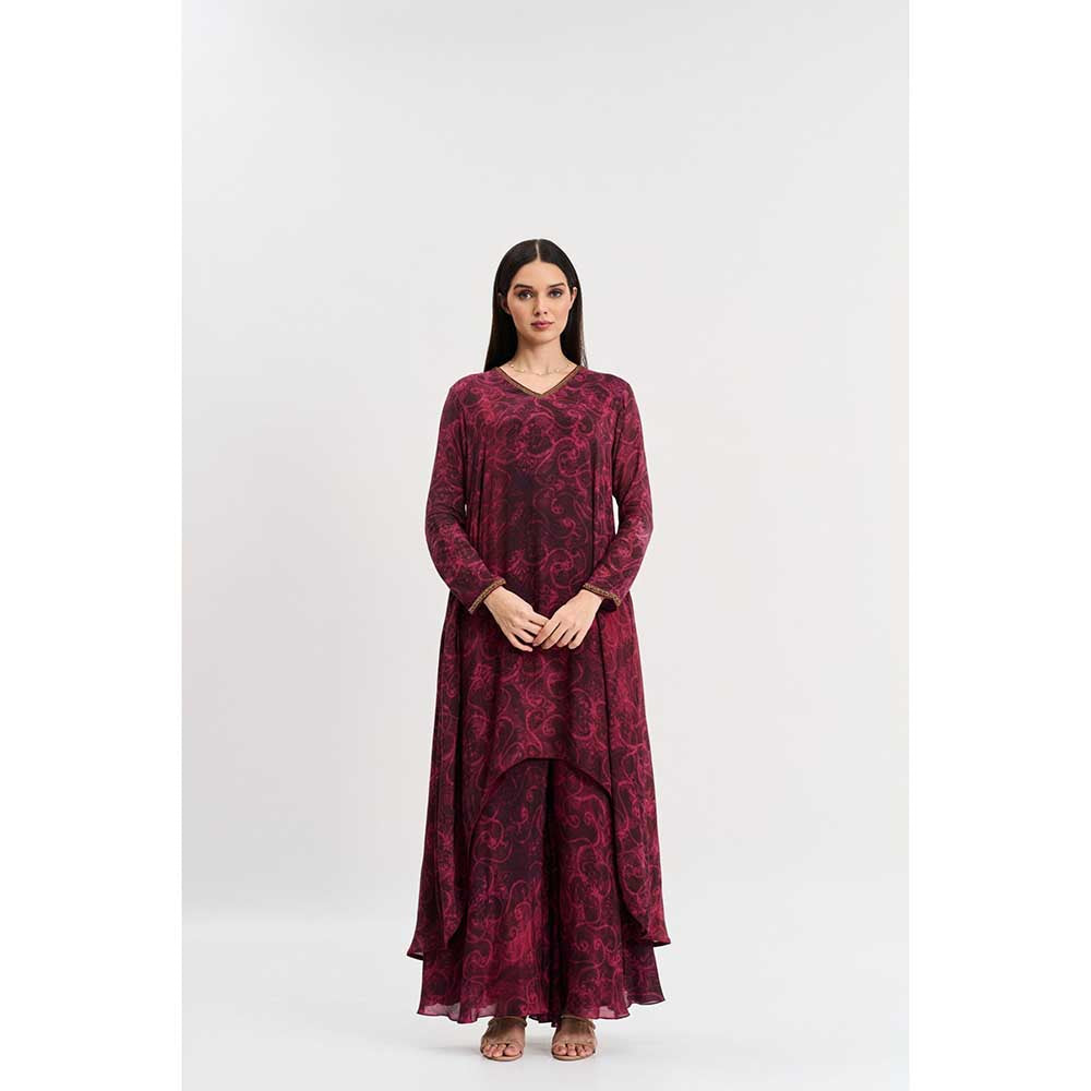 KOSWI Burgundy Cherry Abstract Print Kurta with Palazzo (Set of 2)