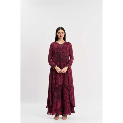 KOSWI Burgundy Cherry Abstract Print Kurta with Palazzo (Set of 2)