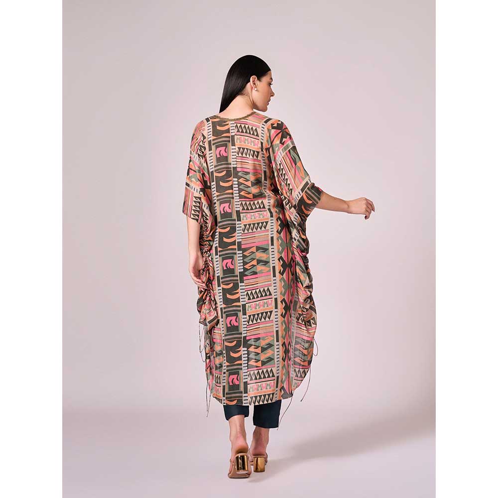 KOSWI Multi Coloured Geometric Print Kaftan with Pant (Set of 2)