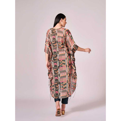 KOSWI Multi Coloured Geometric Print Kaftan with Pant (Set of 2)