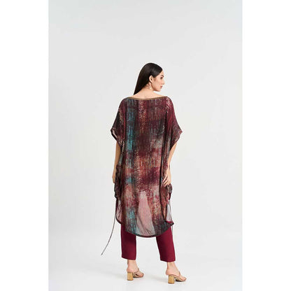KOSWI Maroon Abstract Print Kaftan with Pant (Set of 2)