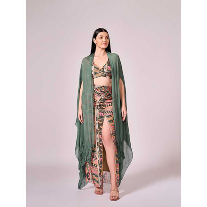 KOSWI Chalk Green Cape with Blouse and Skirt (Set of 3)