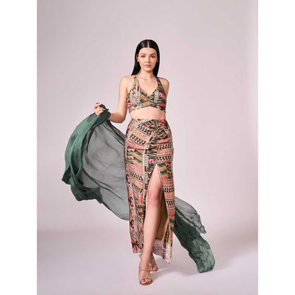 KOSWI Chalk Green Cape with Blouse and Skirt (Set of 3)