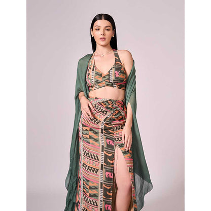 KOSWI Chalk Green Cape with Blouse and Skirt (Set of 3)