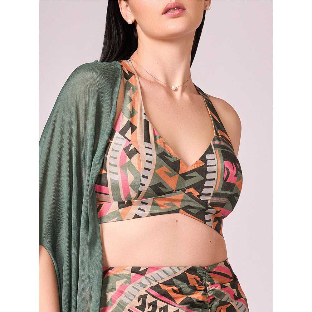 KOSWI Chalk Green Cape with Blouse and Skirt (Set of 3)