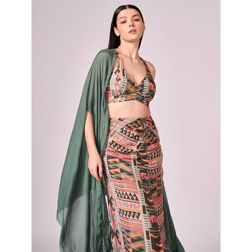 KOSWI Chalk Green Cape with Blouse and Skirt (Set of 3)