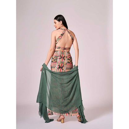 KOSWI Chalk Green Cape with Blouse and Skirt (Set of 3)