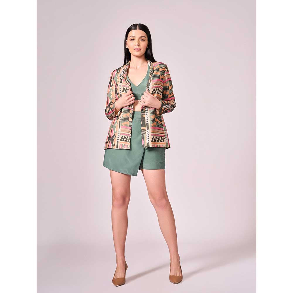 KOSWI Multi Coloured Print Jacket with Blouse and Skort (Set of 3)