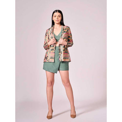 KOSWI Multi Coloured Print Jacket with Blouse and Skort (Set of 3)