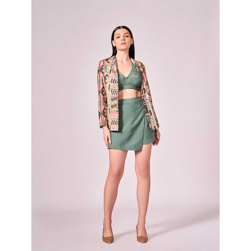 KOSWI Multi Coloured Print Jacket with Blouse and Skort (Set of 3)