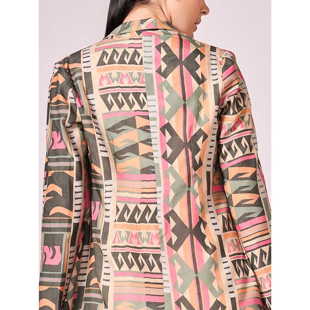 KOSWI Multi Coloured Print Jacket with Blouse and Skort (Set of 3)