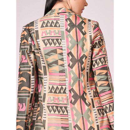 KOSWI Multi Coloured Print Jacket with Blouse and Skort (Set of 3)