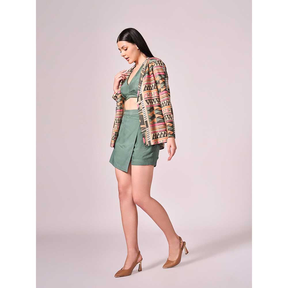 KOSWI Multi Coloured Print Jacket with Blouse and Skort (Set of 3)