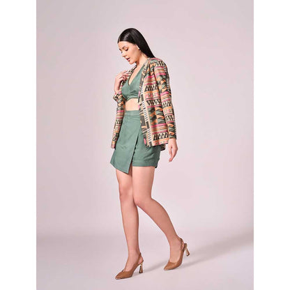 KOSWI Multi Coloured Print Jacket with Blouse and Skort (Set of 3)