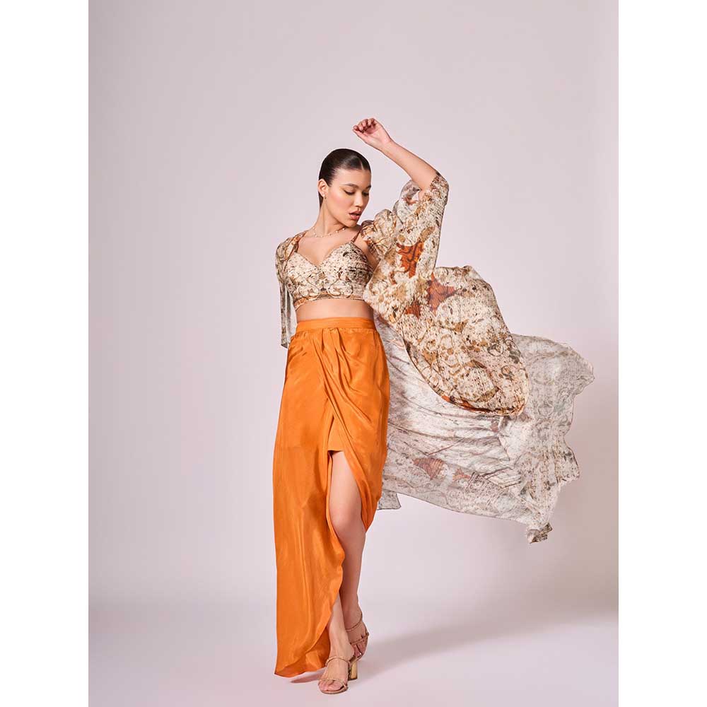 KOSWI Browns Abstract Print Cape with Blouse and Skirt (Set of 3)