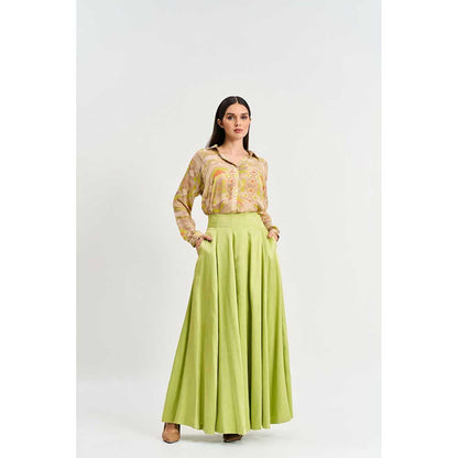 KOSWI Lime Green Print Shirt with Skirt (Set of 2)
