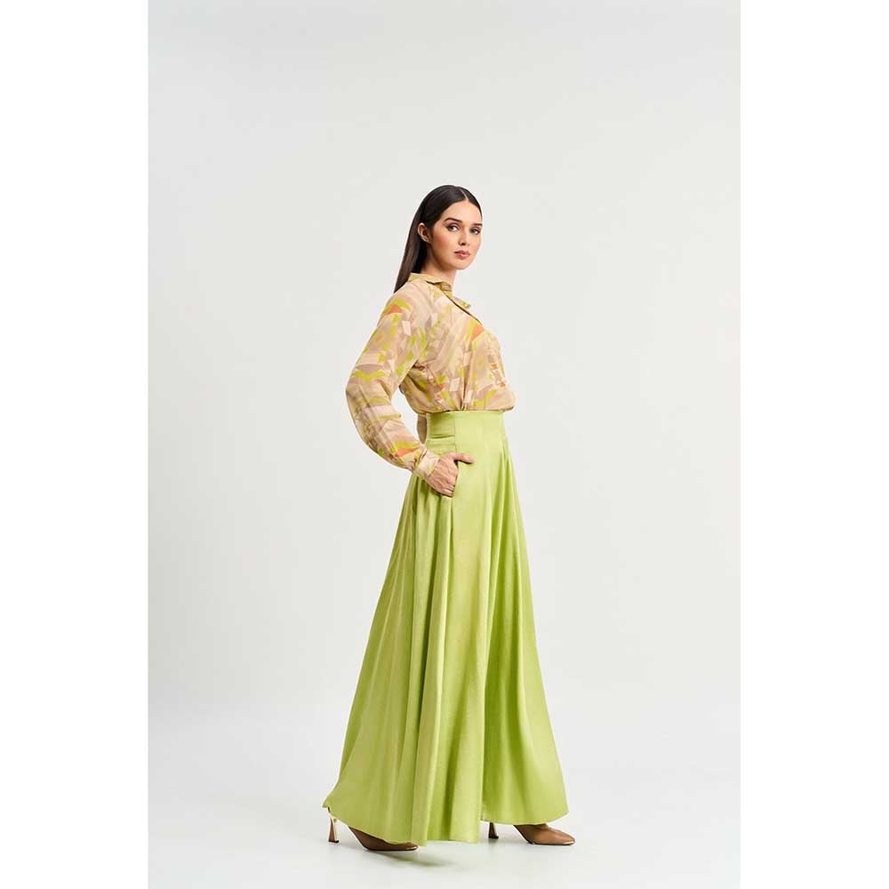 KOSWI Lime Green Print Shirt with Skirt (Set of 2)