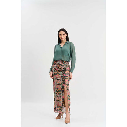 KOSWI Chalk Green Shirt and Skirt (Set of 2)