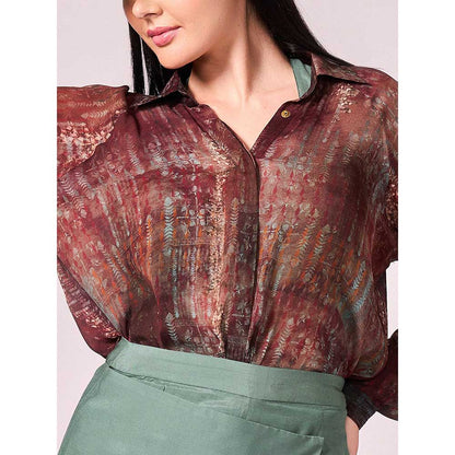 KOSWI Maroon Print Shirt with Skirt (Set of 2)