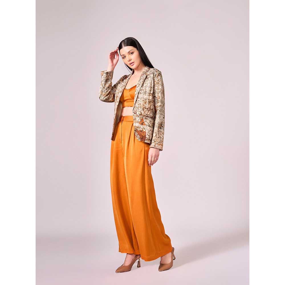 KOSWI Browns Abstract Print Jacket with Blouse and Pant (Set of 3)