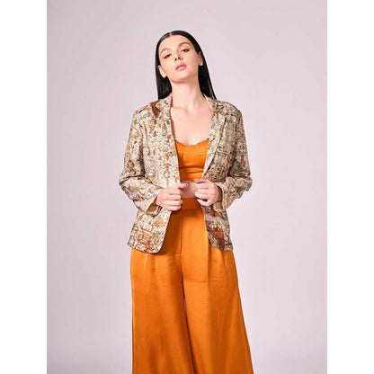 KOSWI Browns Abstract Print Jacket with Blouse and Pant (Set of 3)