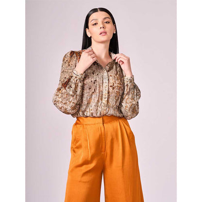 KOSWI Browns Abstract Print Shirt with Pant (Set of 2)