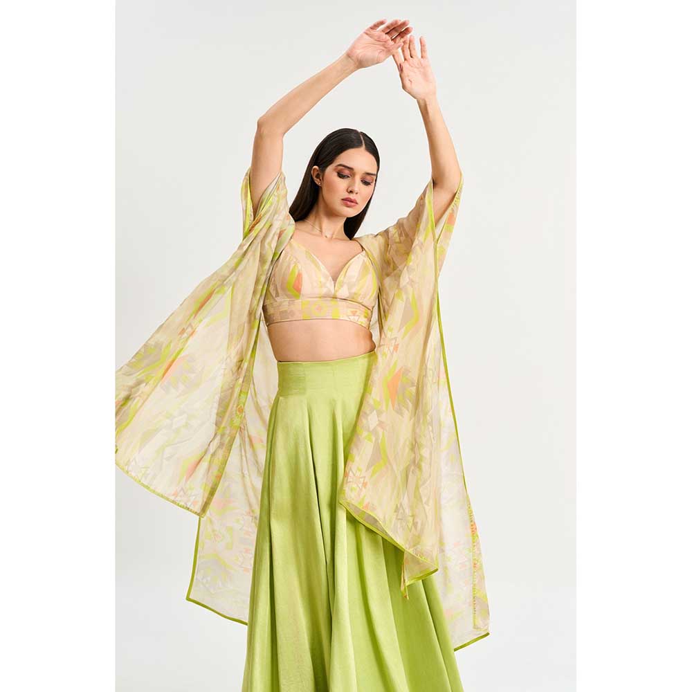 KOSWI Lime Green Geometric Print Cape