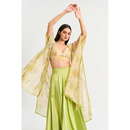 KOSWI Lime Green Geometric Print Cape