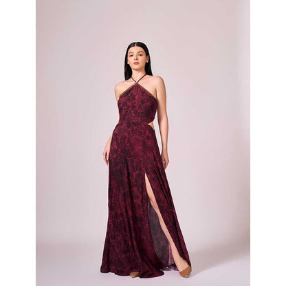 KOSWI Maroon Cherry Floral Print Long Slit Dress