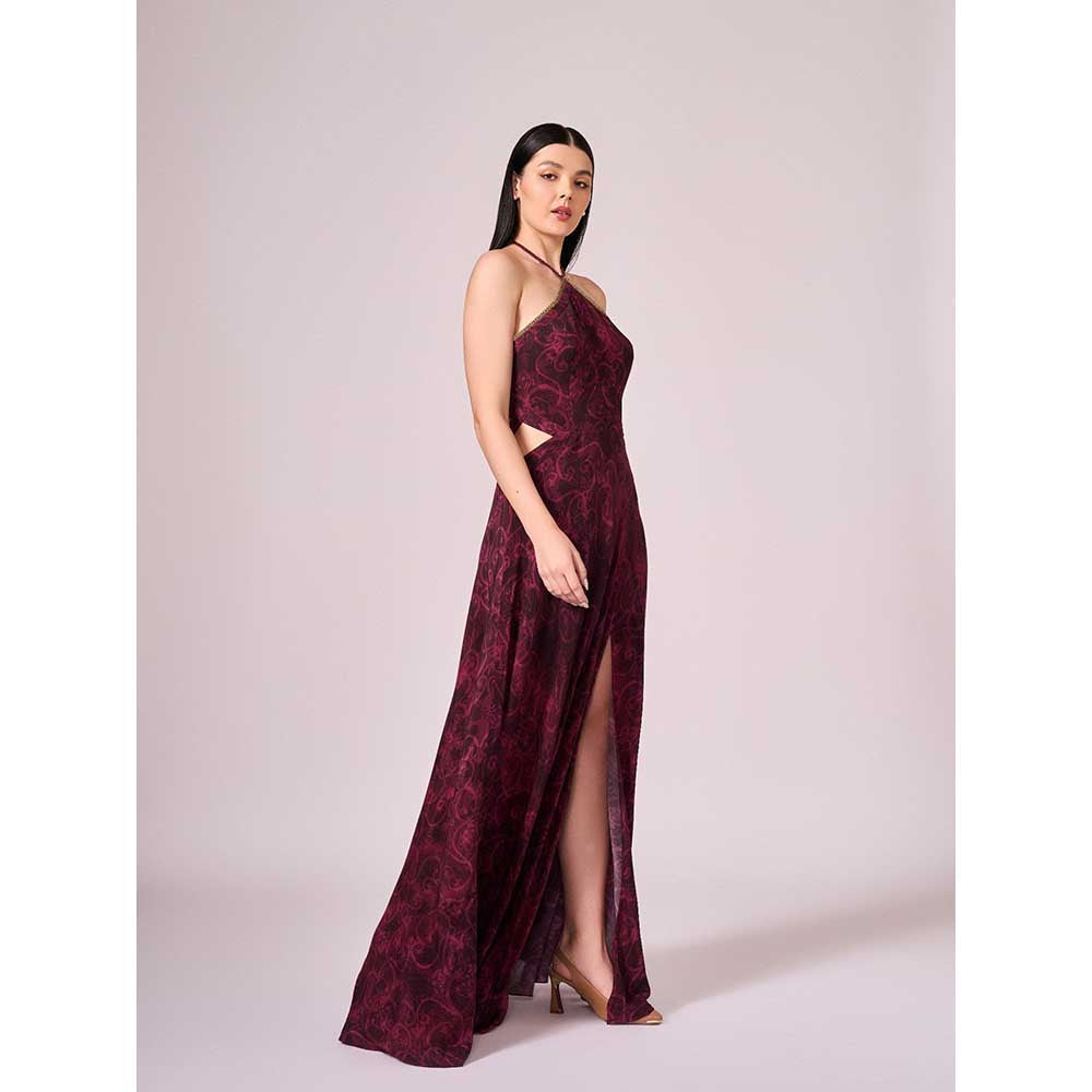 KOSWI Maroon Cherry Floral Print Long Slit Dress
