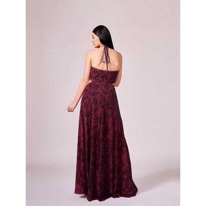 KOSWI Maroon Cherry Floral Print Long Slit Dress