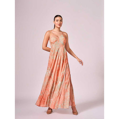 KOSWI Peach Apricot Floral Print Maxi Dress