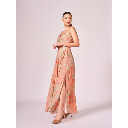 KOSWI Peach Apricot Floral Print Maxi Dress