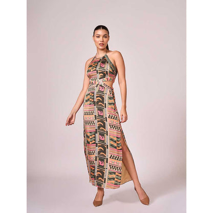 KOSWI Multi Coloured Geometric Print Halter Dress