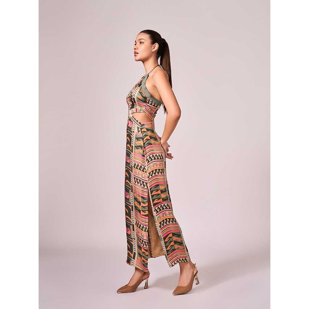 KOSWI Multi Coloured Geometric Print Halter Dress