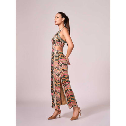 KOSWI Multi Coloured Geometric Print Halter Dress