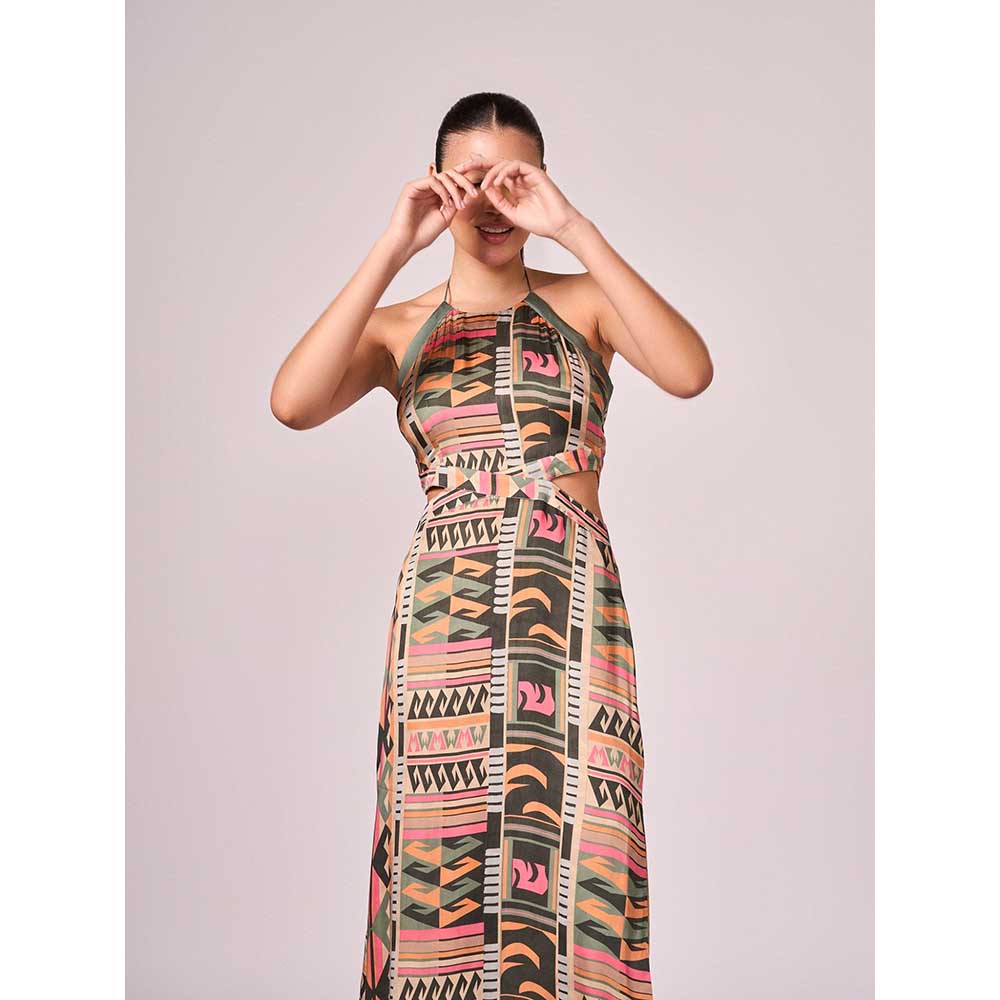 KOSWI Multi Coloured Geometric Print Halter Dress
