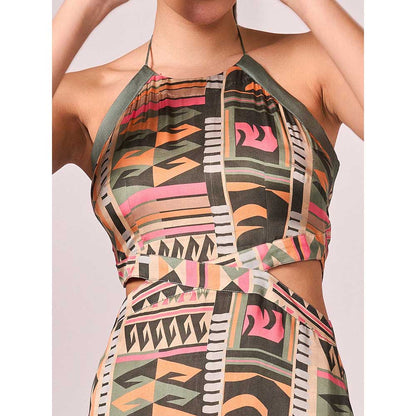 KOSWI Multi Coloured Geometric Print Halter Dress
