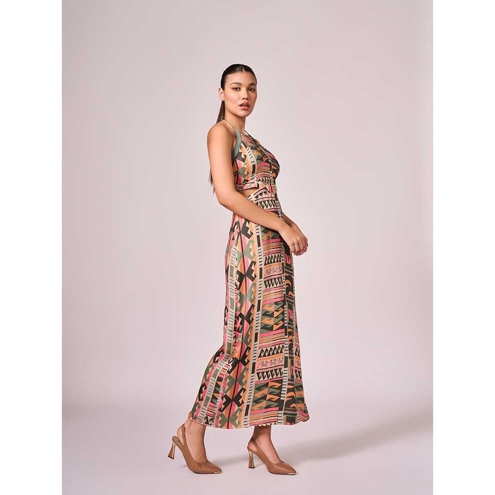 KOSWI Multi Coloured Geometric Print Halter Dress