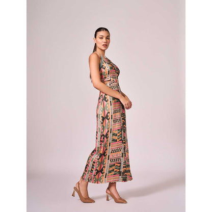 KOSWI Multi Coloured Geometric Print Halter Dress