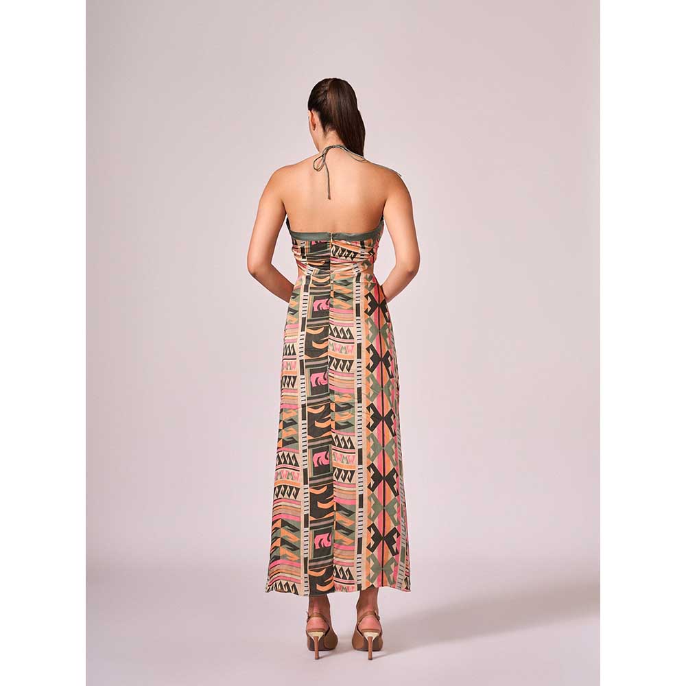KOSWI Multi Coloured Geometric Print Halter Dress