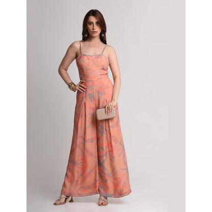 KOSWI Peach Abstract Floral Print Jumpsuit