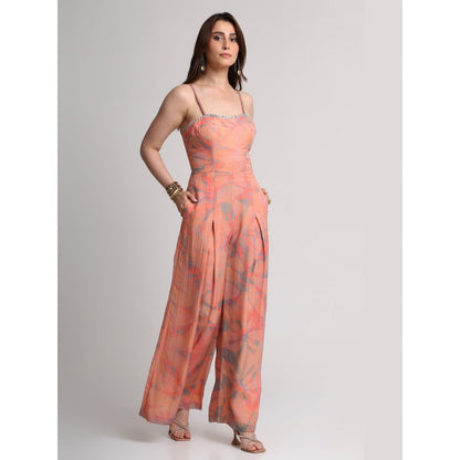 KOSWI Peach Abstract Floral Print Jumpsuit