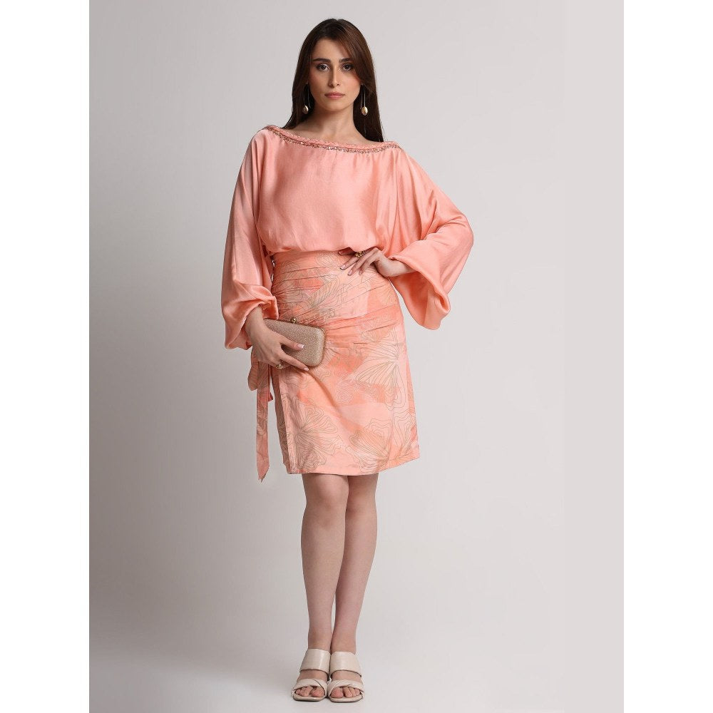 KOSWI Peach Abstract Flowers Lines Print Skirt