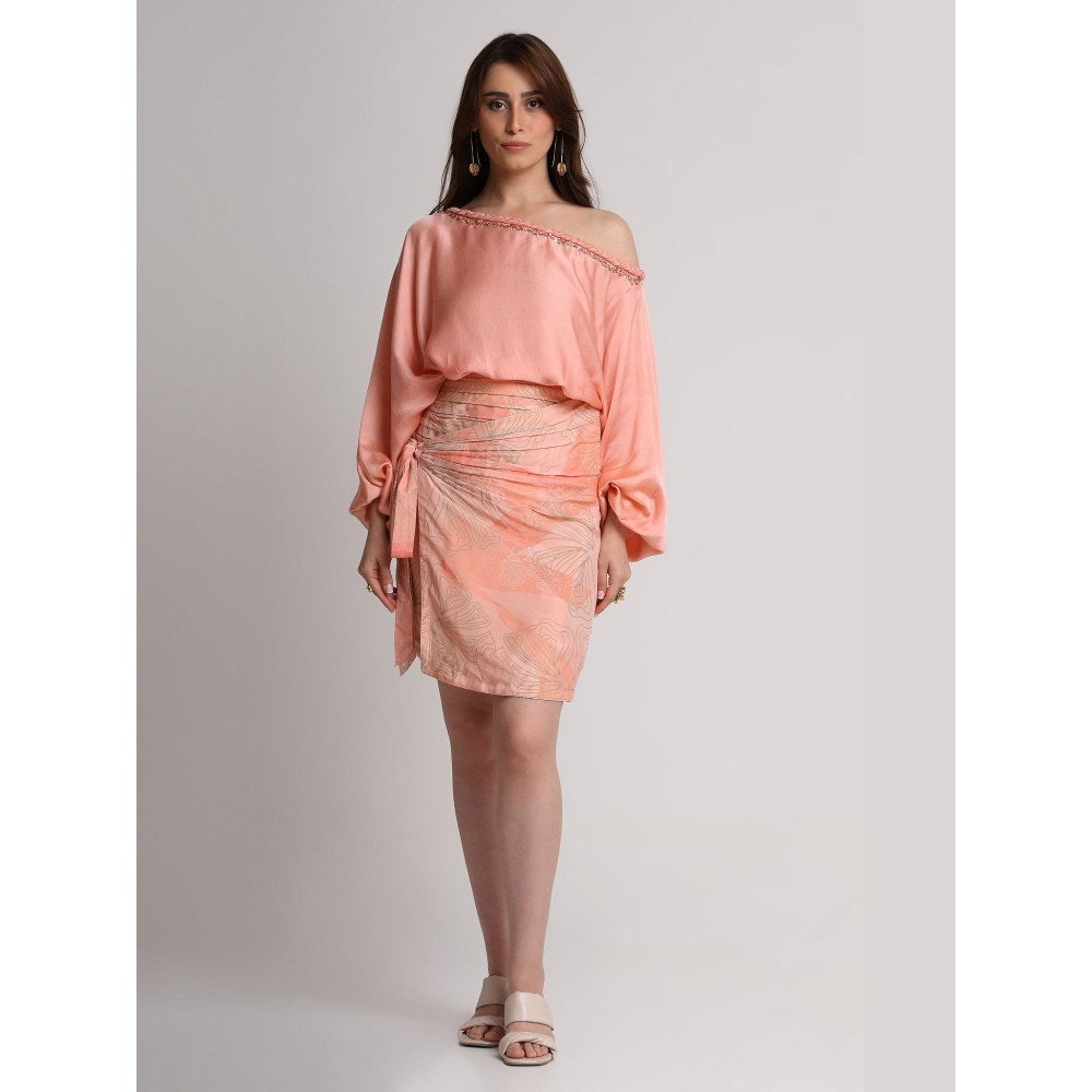 KOSWI Peach Abstract Flowers Lines Print Skirt