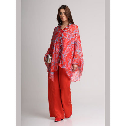 KOSWI Red Abstract Floral Print Kaftan Top