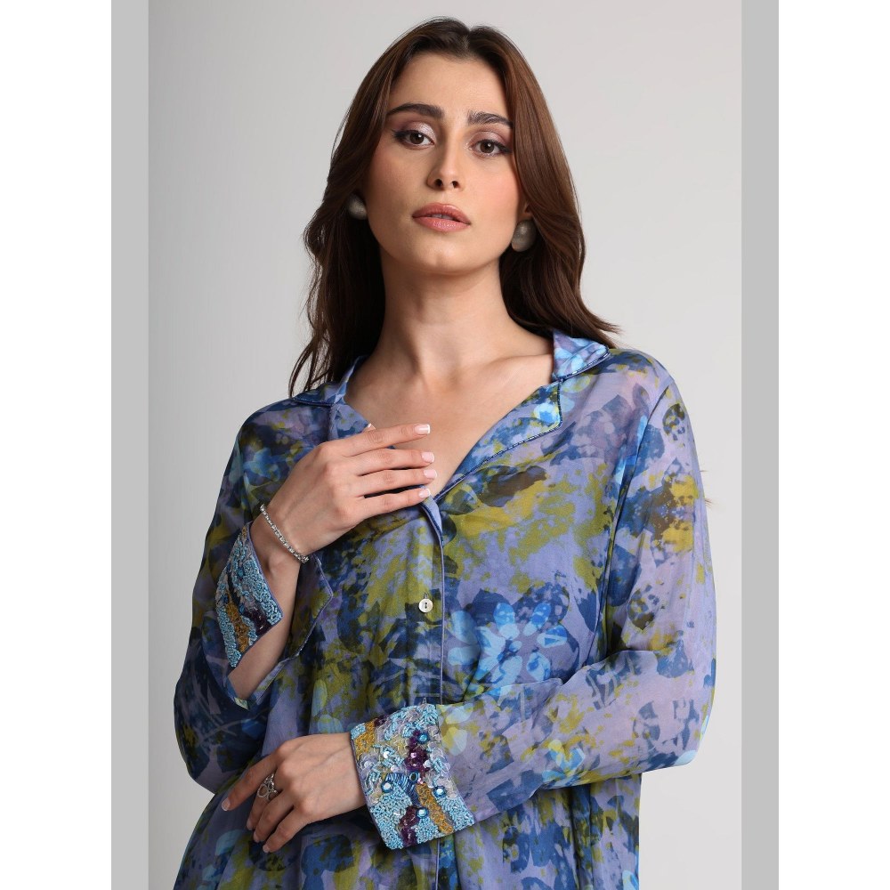 KOSWI Blue Future Dusk Floral Print Long Shirt