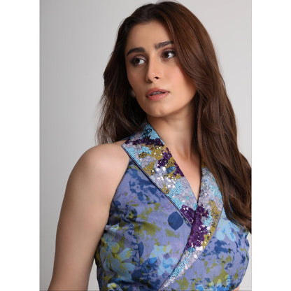 KOSWI Blue Future Dusk Floral Print Crop Top